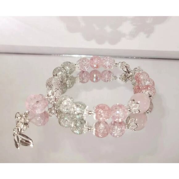 Pink White Wire Bracelet with Rose Dangle #986 - Picture 5 of 5